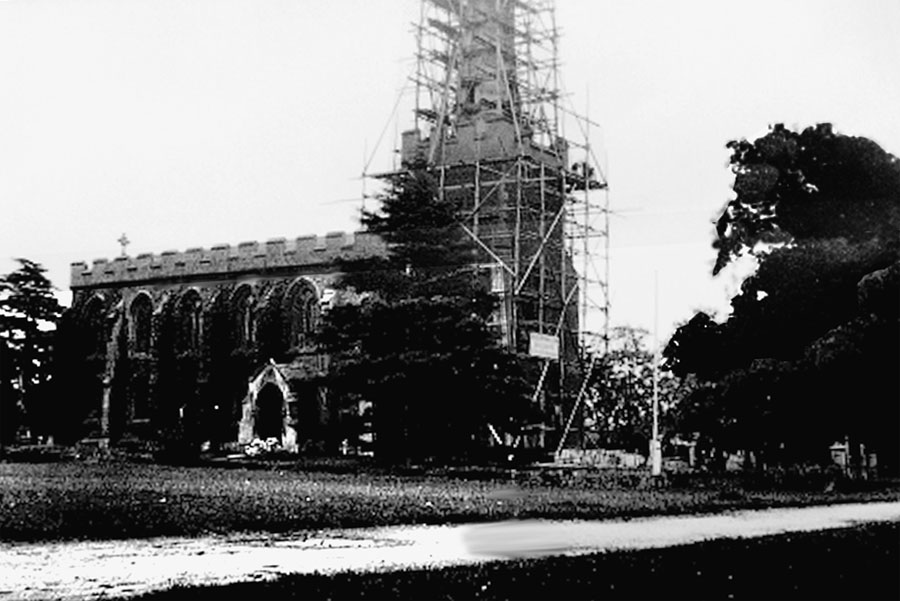 the church undergoing repair work