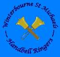logo of winterbourne handbell ringers (crossed handbells on a blue background)