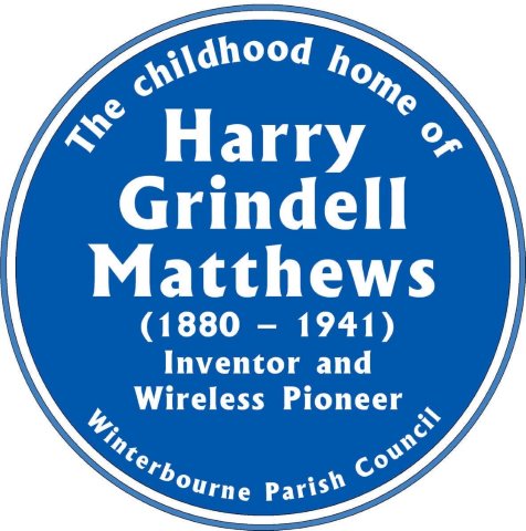 Blue plaque commemorating the childhood home (The Grove, Winterbourne High Street) of Harry Grindell Matthews