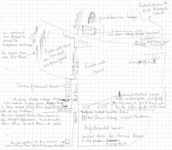 hand-drawn map of the area around Elm Park School (artist unknown).